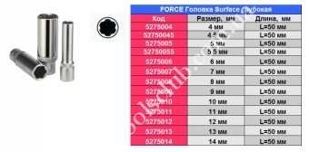 FORCE Головка Surface глубокая 1/4", 4 мм, L=50 мм
