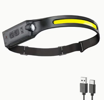 Налобный фонарь LED, Li-ion аккумулятор, USB Type-C (диод COB 1 лента)